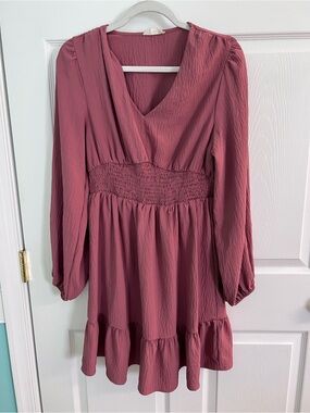 Altar'd State Mauve Long-Sleeve Smocked-Waist Dress